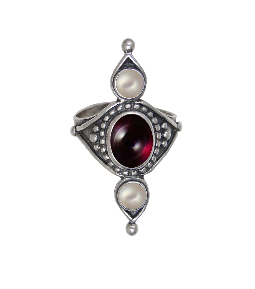 Sterling Silver Royal Ring With Garnet And Cultured Freshwater Pearl Size 6